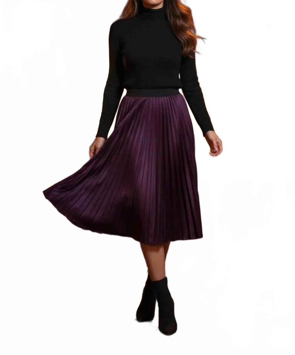 NEW SHE + SKY women's pleated satin midi skirt in eggplant